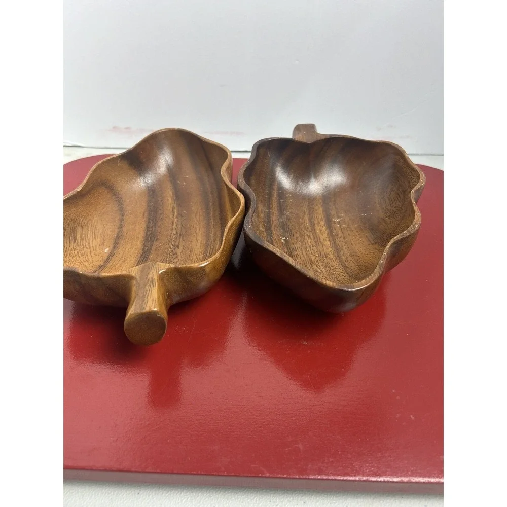 2‎ Vintage Monkey Pod Wood Leaf  Snack Bowl Trinket Dish Tiki Set Philippines